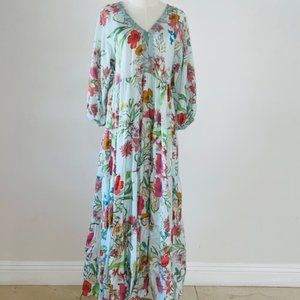 Johnny Was Medium Blue Floral Maxi long silk Dress, Boho Vintage